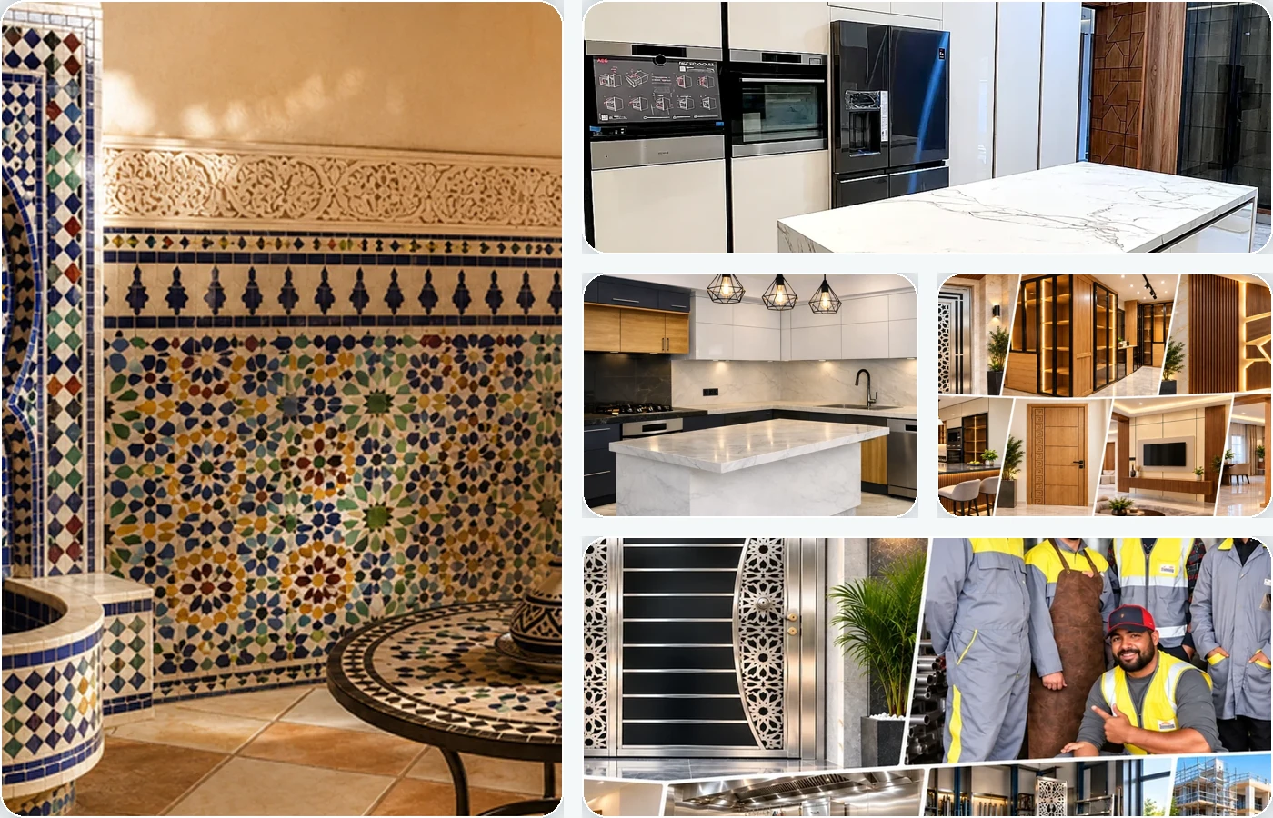 Composition illustrant plusieurs métiers du bâtiment et des travaux au Maroc : zellige, menuiserie, cuisines, inox et métallerie.