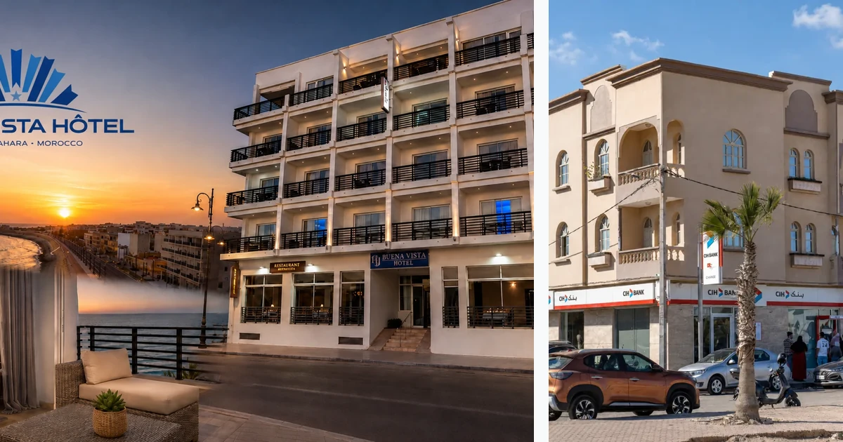 Hôtels publiés sur MarocPros au Maroc, avec façades d'établissements à Dakhla.