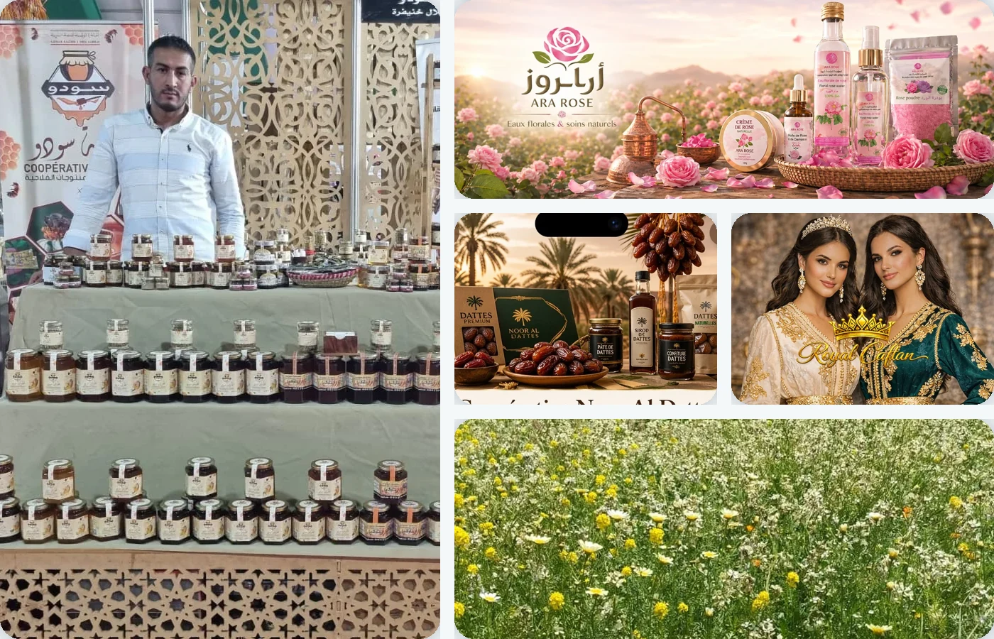 Composition d’images illustrant plusieurs activités de Artisanat & Produits du terroir au Maroc.