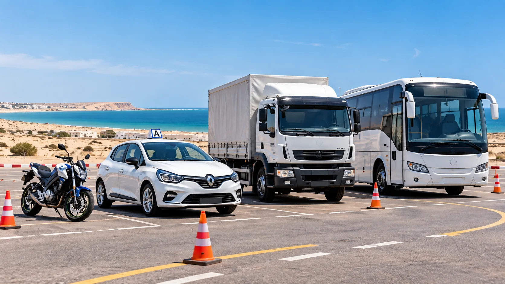 Moto, voiture, camion et autocar correspondant aux catégories de permis A, B, C et D